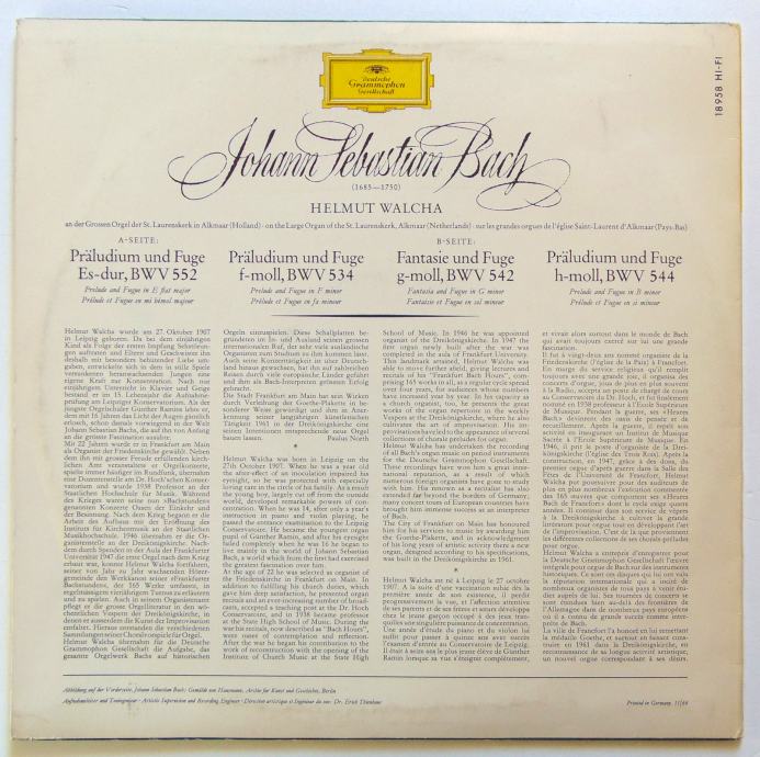 Johann Sebastian Bach Helmut Walcha Lp Gramofonska Plo A Nm