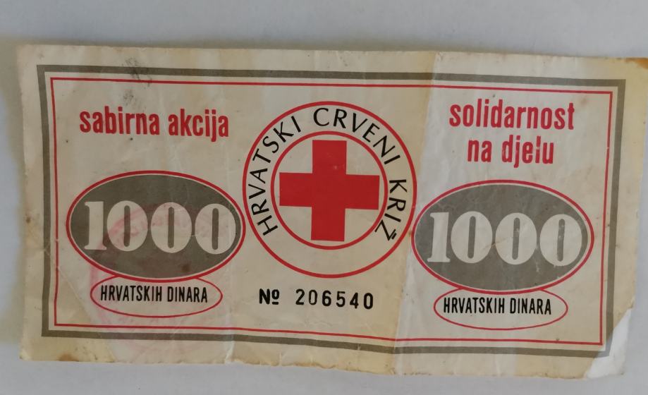 BON SOLIDARNOST NA DJELU HRVATSKI CRVENI KRIŽ 1000 HR DINARA