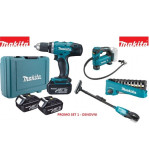 Makita promo aku set 1 -aku bušilica + 3 akum., pumpa, usisavač, bitov