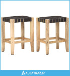 Barski stolci 2 kom crna prava koža i drvo manga 46x36x60 cm - NOVO