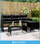 Vrtna sofa L-oblika sa stolom i jastucima crna od poliratana - NOVO