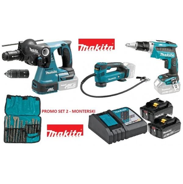 Makita promo aku set 2 - aku bušači čekić+ šrauba + 2 akum.5,0Ah + pum