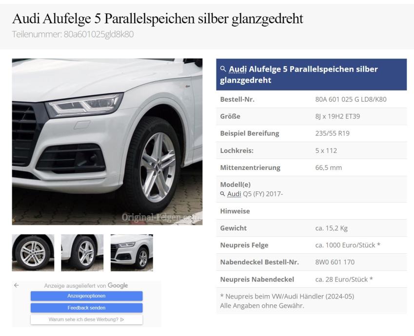 ALU FELGE ORIGINAL  8.0JX19H2 ET 39 S-LINE AUDI SQ5 MICHELIN AO LJETNE