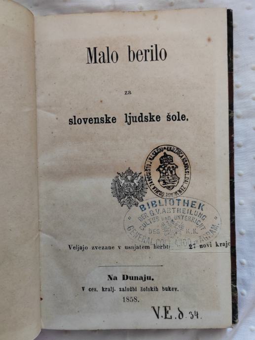 Malo berilo za slovenske ljudske šole 1858.