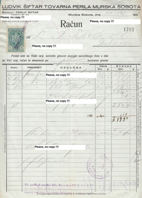 LUDVIK ŠIFTAR TOVARNA PERILA MURSKA SOBOTA račun poslan 1936 Dubrovnik