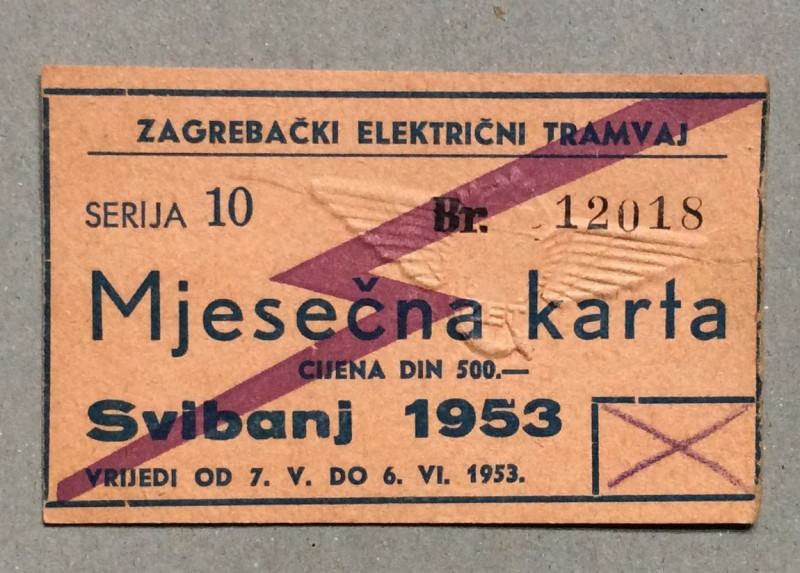 ZAGREBAČKI ELEKTRIČNI TRAMVAJ, MJESEČNA KARTA ZA SVIBANJ 1953.