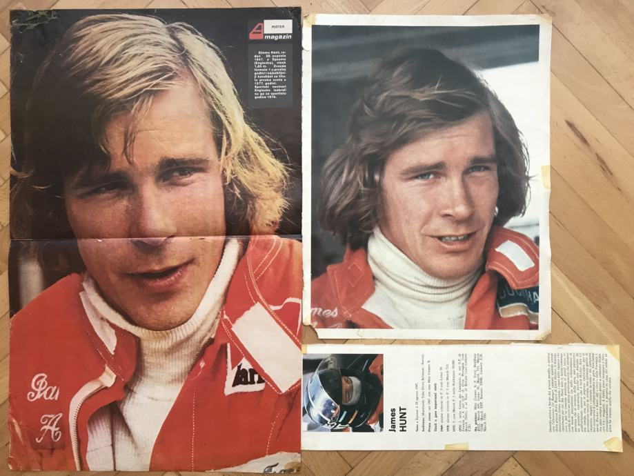 2 postera iz auto časopisa: pilot Formule 1: James Hunt iz 1973.+1977.