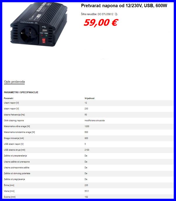 PRETVARAČ / INVERTER NAPONA 12V/230V - 24V/12V - 24V/230V - 230V/12V