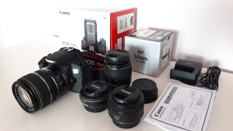 Canon 700D + 17-85, + 50mm 1.8, + 24mm 2.8, + 18-55 (kit objektiv)