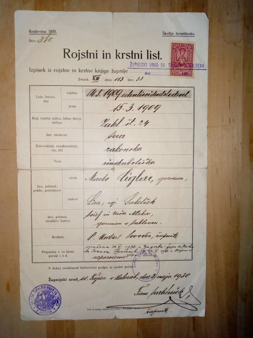 Rodni i krsni list iz 1930. god.