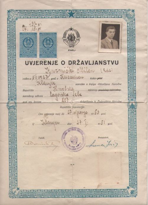 Uvjerenje o državljanstvu iz 1951. god.