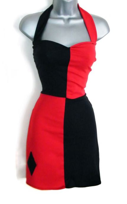 Harley Quinn Halterneck Dress Red Black Ladies Halloween Costume