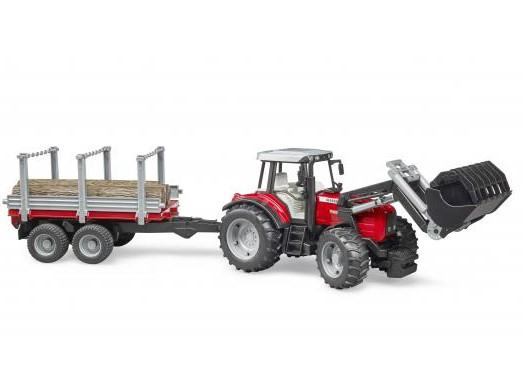 Bruder Massey Ferguson sa prednjim utovarivačem i prikolicom za drva