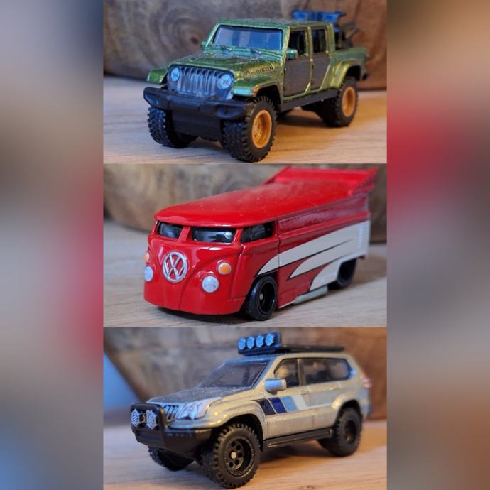 hot wheels premium volkswagen vw drag bus, jeep gladiator,toyota prado