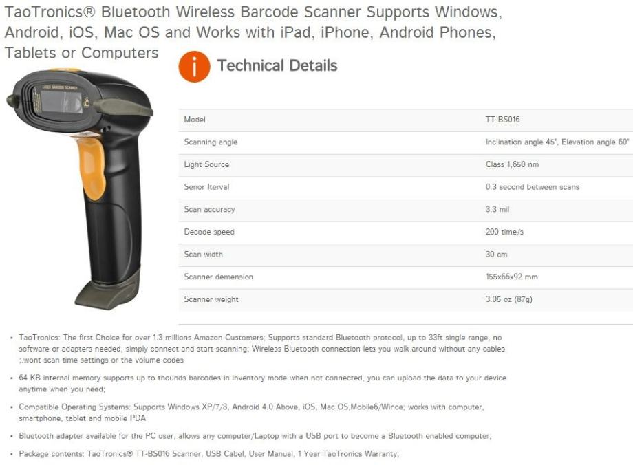 TaoTronics TT-BS016 ručni Bluetooth Wireless Laser BarCode Scanner