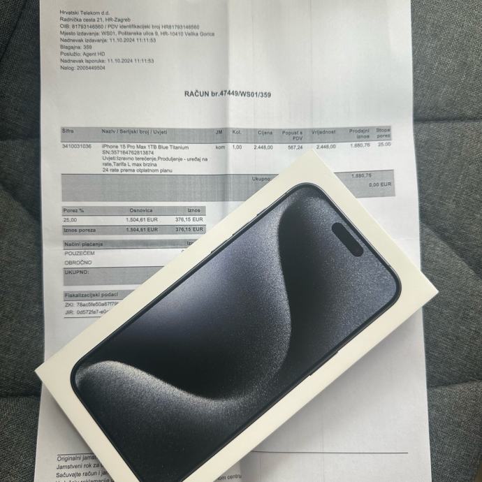 Iphone 15 Pro Max 1TB Blue Titanium NOVO Zamjena