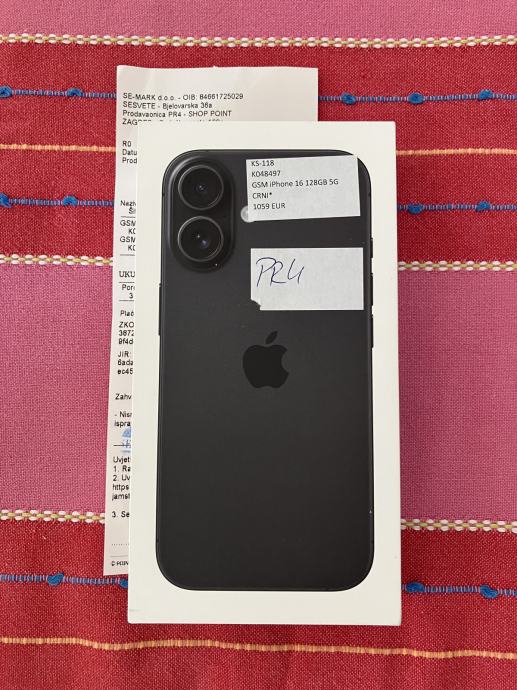 Iphone 16 128GB Crni NOVI ( račun, garancija )