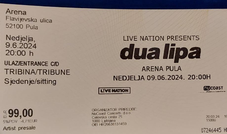 2x Dua Lipa Arena Pula 962024 Fizička Karta Sjedenjesitting