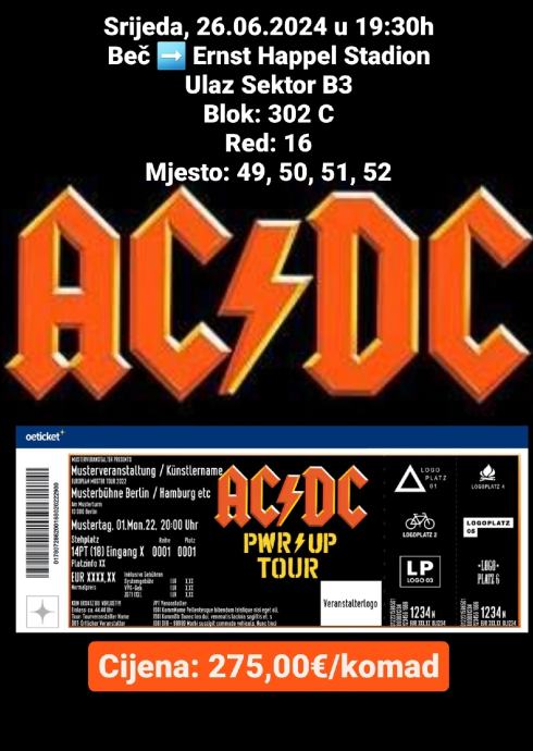 AC⚡️DC  koncert 26.6.2024 u Beču, 4 karte