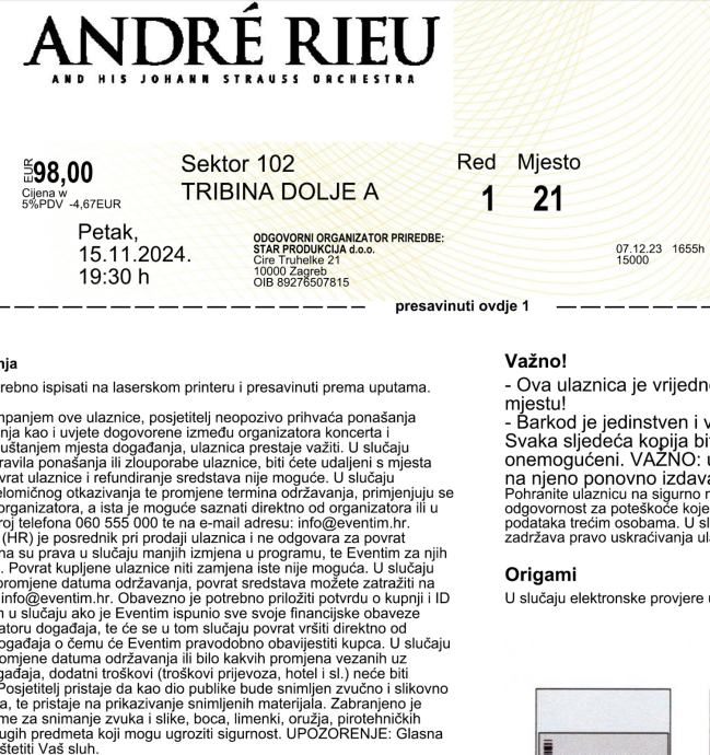 Andre Rieu koncert u Areni Zagreb 15.11.    1 x ulaznica