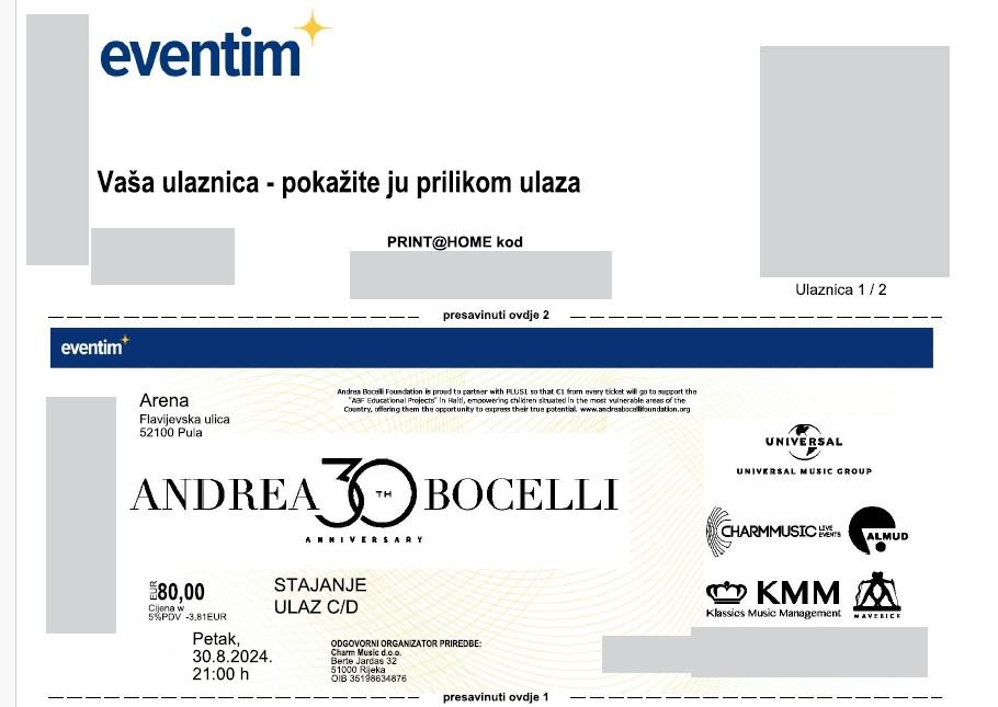 Andrea Bocelli - Pula 30.8.2024. - 2 ulaznice