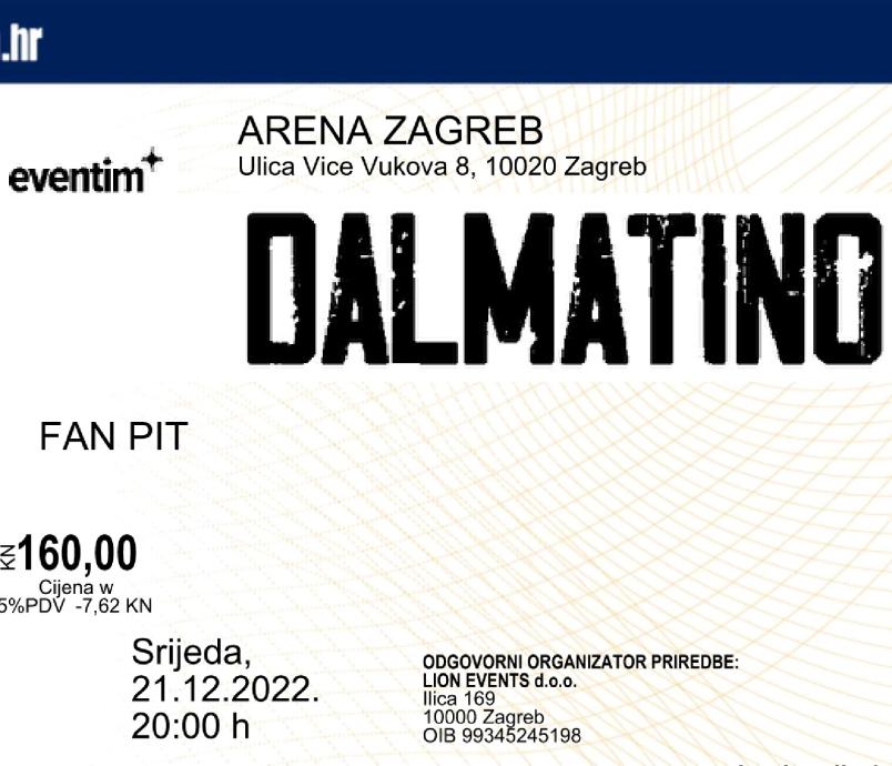 Dalmatino u Areni Zagreb - dvije karte Fan Pit