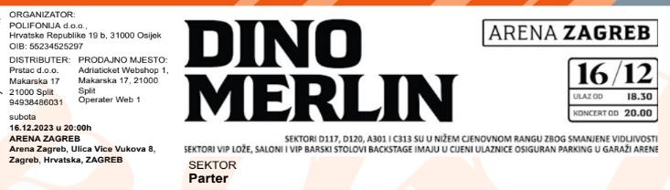 Dino Merlin Arena Zagreb 16.12.2023 - (prodaja ili zamjena)