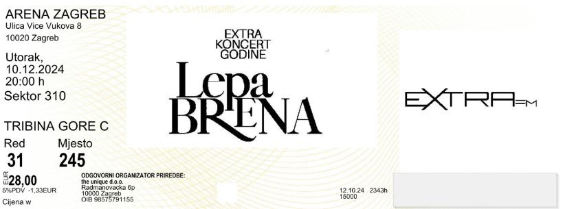 Lepa Brena 10.12. Arena Zagreb - Utorak 2 ulaznice