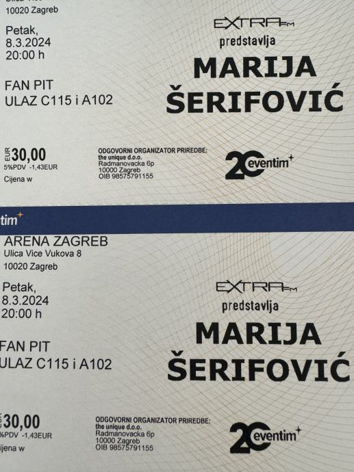 MARIJA ŠERIFOVIĆ- ARENA ZAGREB - 2x FAN PIT ULAZNICE