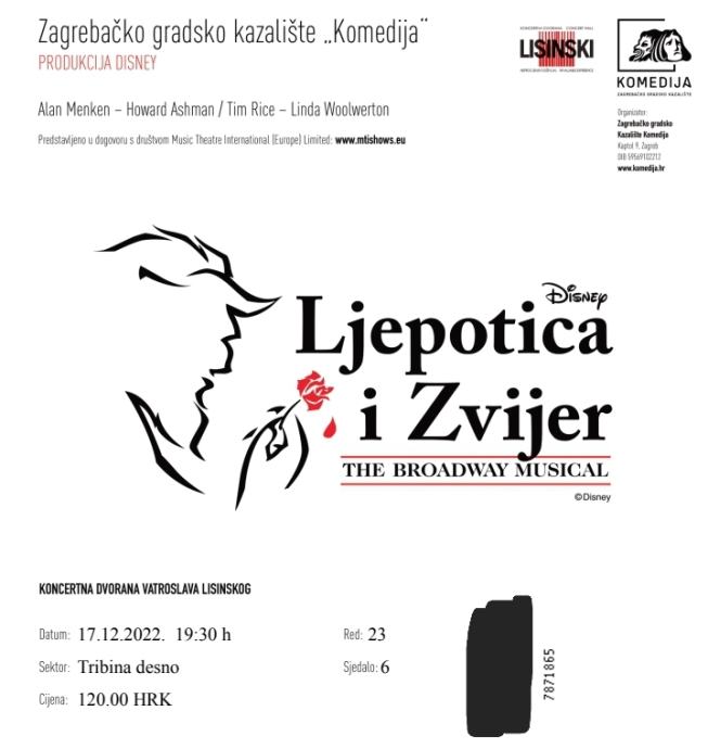 Ljepotica i zvijer - 17.12. , 19:30 h -Lisinski , 2 ulaznice