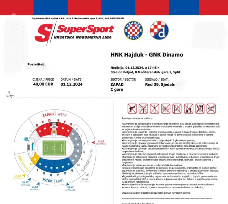 Hajduk - Dinamo - ZAPAD x 4 karte