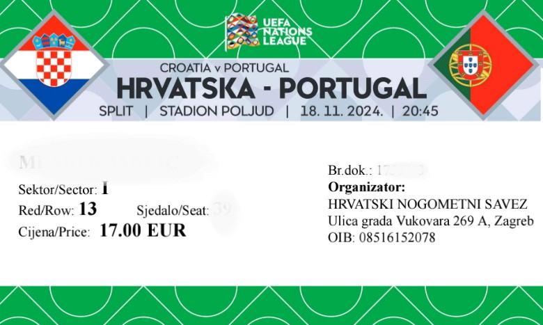 Hrvatska - Portugal SJEVER x 2 kom