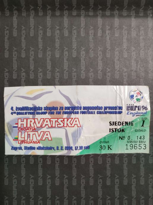 Karta za utakmicu HRVATSKA - LITVA, 1994.g.