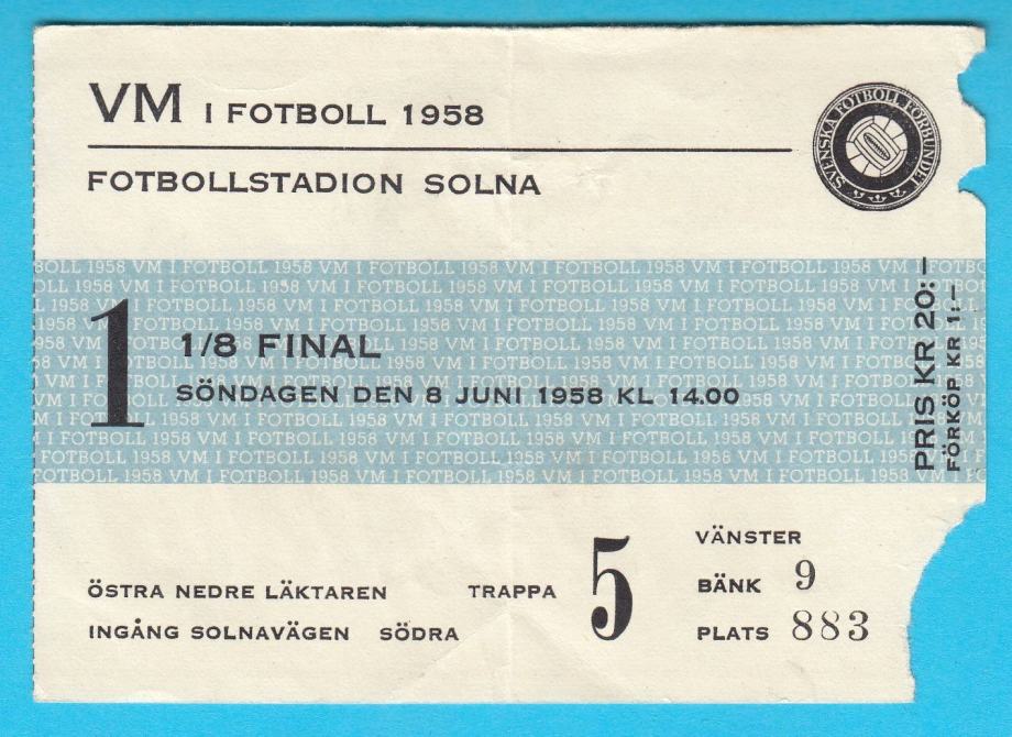 ŠVEDSKA vs MEKSIKO 1958 FIFA Svjet. nogometno prvenstvo stara ulaznica