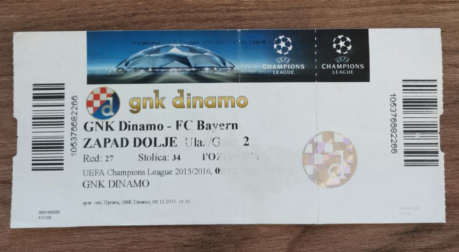 ULAZNICA ZA UTAKMICU "DINAMO"-BAYERN" -NEISKORIŠTENA