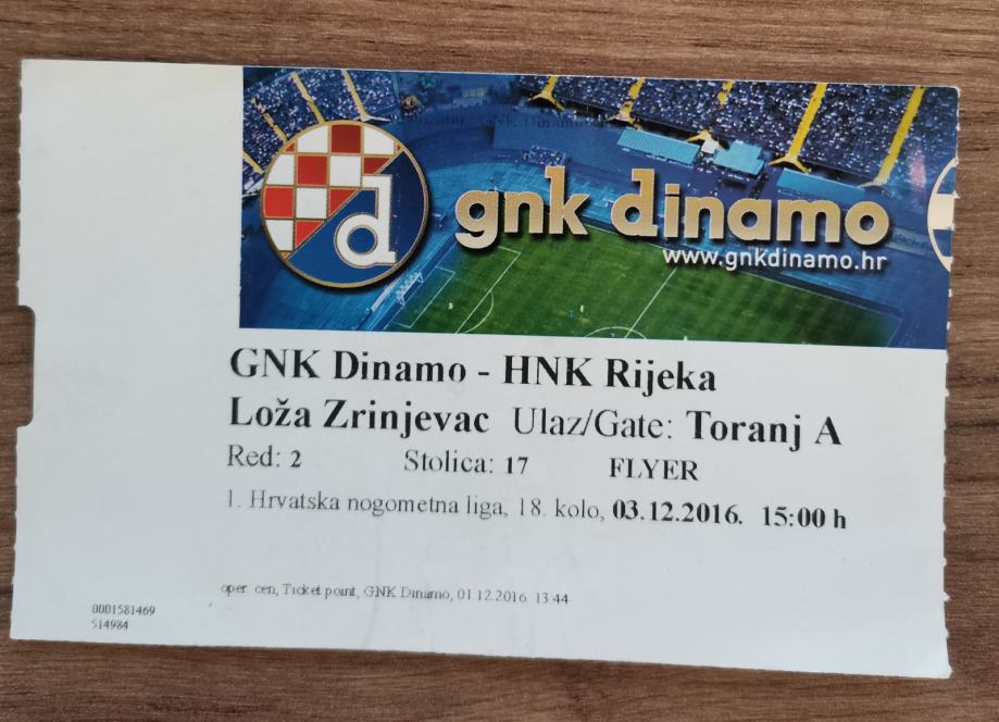 ULAZNICA ZA UTAKMICU "DINAMO"-RIJEKA"