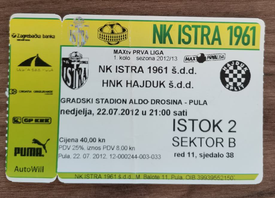 ULAZNICA ZA UTAKMICU "NK ISTRA-HNK HAJDUK"