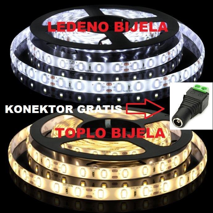 5M 3528 LED 600 SMD LED traka Ledeno Bijela IP65 VODOTPORNA + Konektor