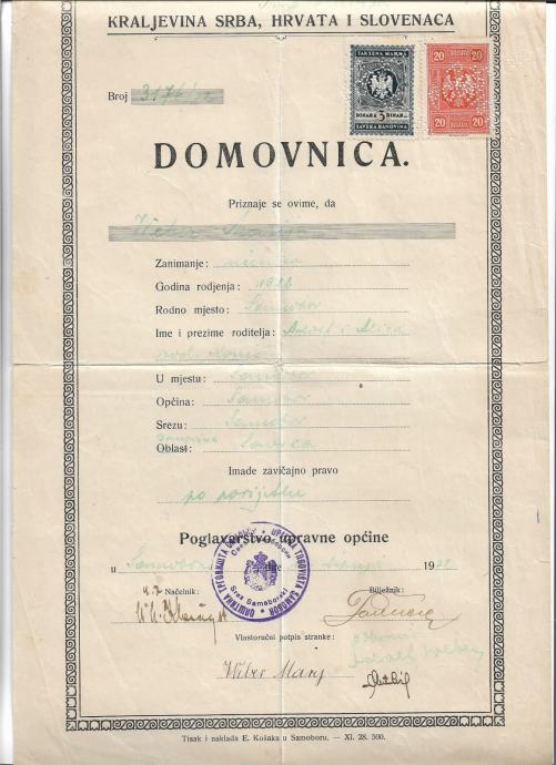 DOMOVNICA iz Samobora 1922