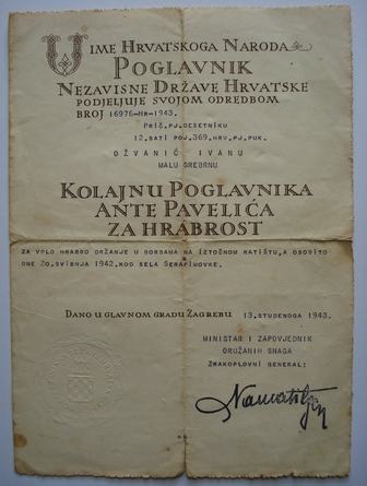 DIPLOMA  KOLAJNA POGLAVNIKA A.PAVELIĆA ZA HRABROST