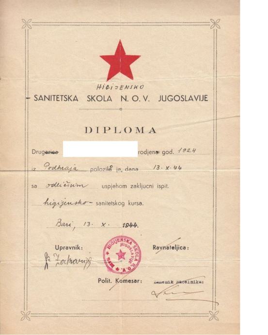 PARTIZANI - BAZA NOVJ U ITALIJI - GRAD BARI - službena diploma (1944)