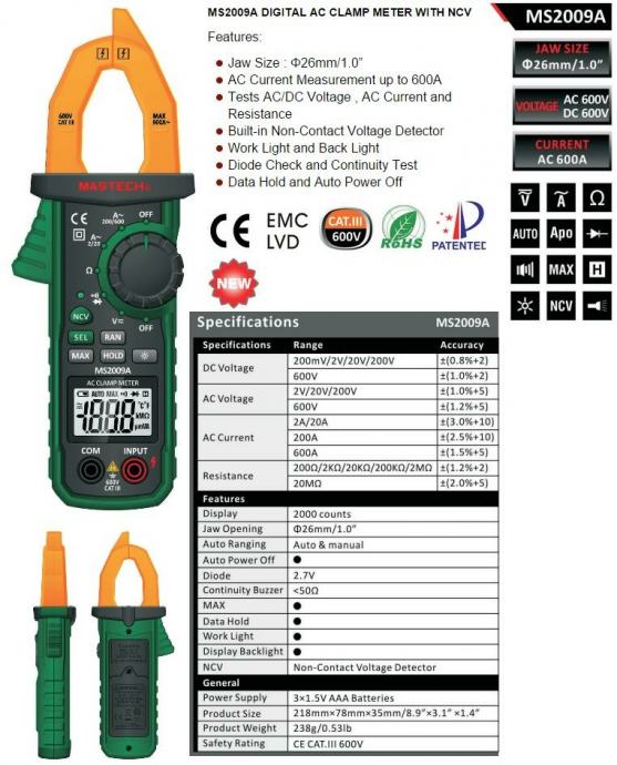 MASTECH MS2009A True-RMS ClampMeter 600A strujna Kliješta+DMM