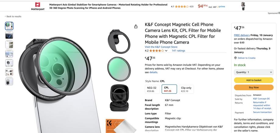 amazon k&f concept 67mm držač filtera + CPL (polarizacijski filter) -