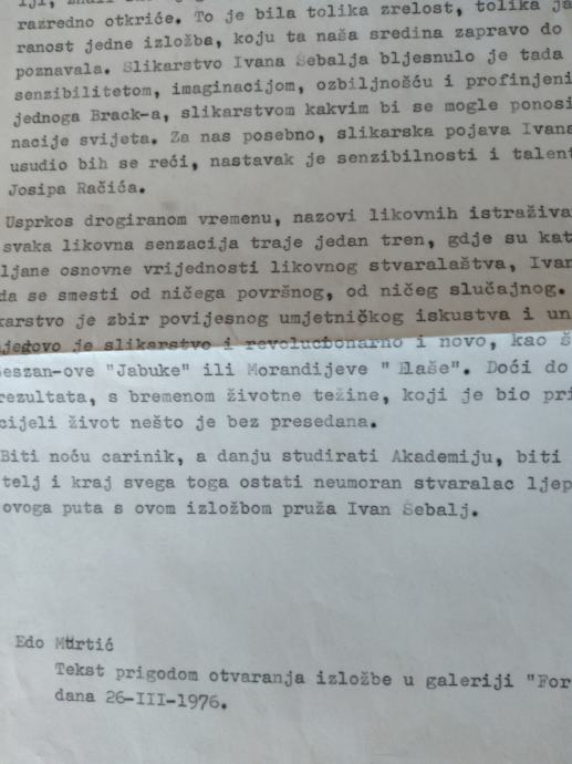 Edo Murtić Tekst prigodom otvaranja izložbe Ivana Šebalj 1976