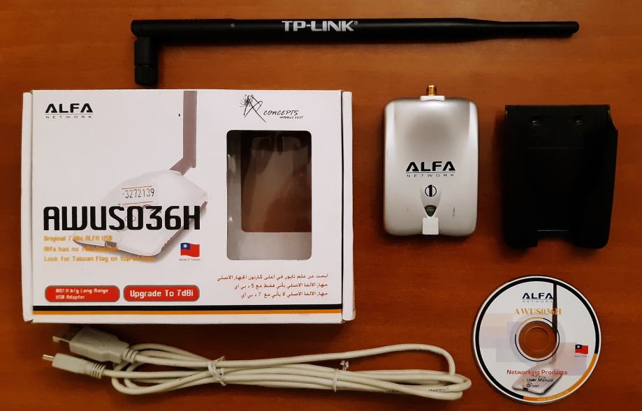 Alfa AWUS036H wireless router + TP-Link 2.4 GHz 5 dBi antena