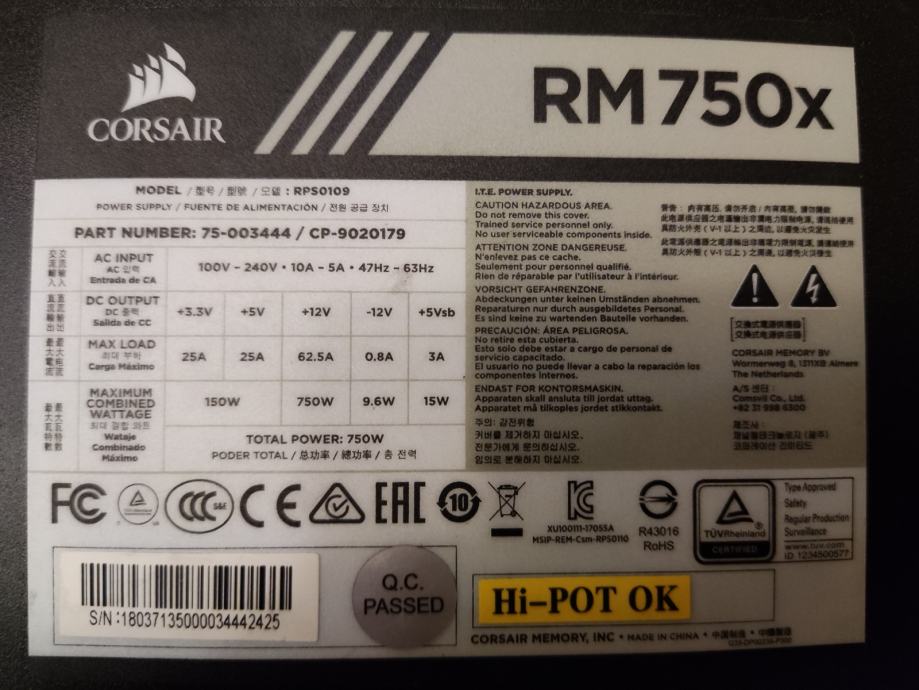 NAPAJANJE CORSAIR RM750X 750W 80+GOLD MODULARNO