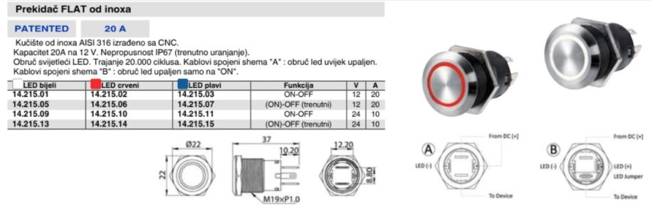 Push prekidač FLAT od inoxa LED plavi ON-OFF 24V 10A IP67