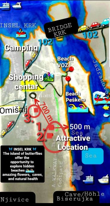 ATRAKTIVNO POLJOPRIVRED. ZEMLJ.MORE 500m,AERODROM,KRK,OMIŠALJ=6.900 EU