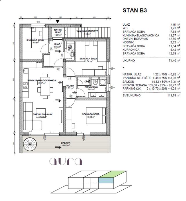 Trosoban 114m2+krovna terasa 106m2, dva parkinga,novogradnja–K.Sućurac (prodaja)