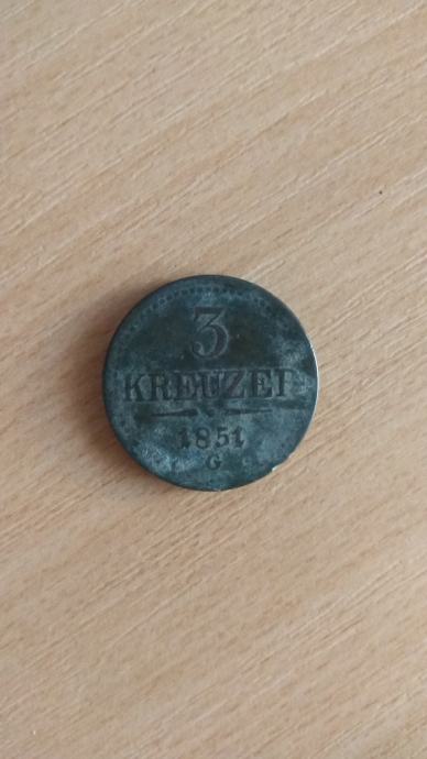 3 KREUZER 1851. GODINA KOVANICA